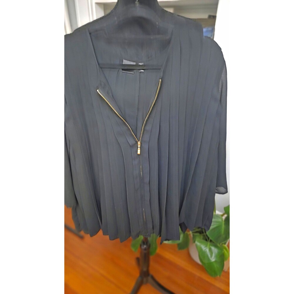 Rafaella Women’s Black Solid Pleated Half Zip Short Sleeve Blouse Top XL